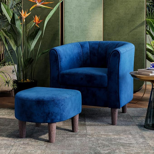LINSY Accent Chair with Ottoman, Modern Barrel Chair Comfy Armchair Reading Chair with Footrest, Round Arms Chair for Living Room Bedroom Reading Room, Velvet, Blue