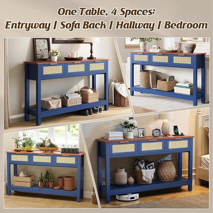 Luoxiao 47" Blue Entryway Table with 3 Rattan Drawers & Open Shelf Storage | Narrow Console Sofa Tables for Living Room, Entry Table for Hallway, Foyer, Couch, Easy Assembly, Anti-tip Kit, Space Saving