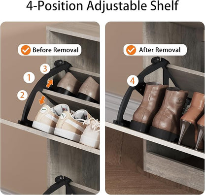 Shoe Storage Cabinet, Wood Shoe Organizer for Entryway with 3 Flip Drawers, Freestanding Shoe Rack with Adjustable Shelf, Narrow Shoe Dresser for Front Door Entrance (Grey, 4 Drawers)