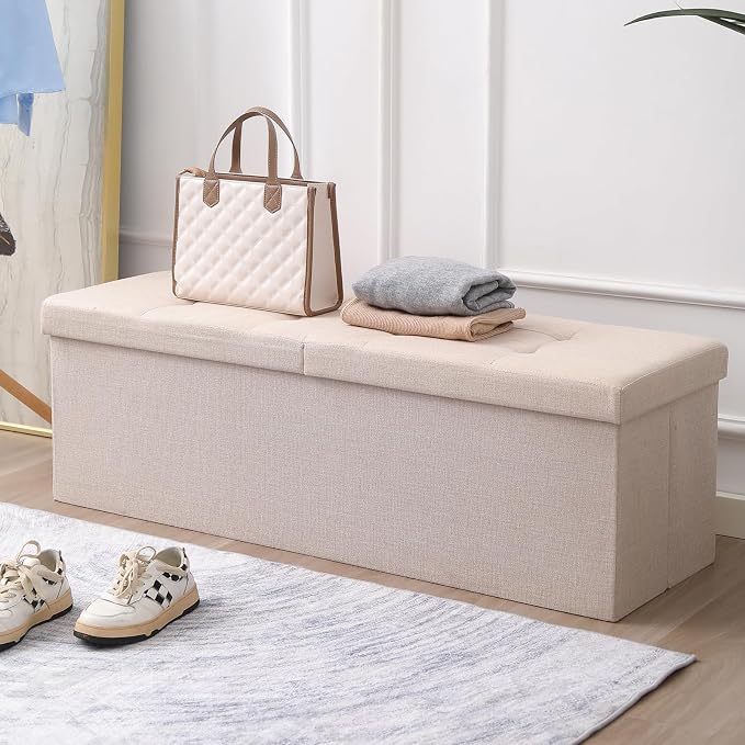 45.3 Inches Ottoman Bench - Foldable Seat, Footrest, Shoe Bench, End of Bed Storage With Flipping Lid, 166L Space, Linen Fabric Emerald