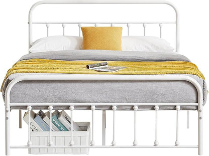 VECELO White Metal Bed Frame Queen Size with Vintage Headboard and Footboard, No Box Spring Needed, Premium Stable Steel Slat Support Mattress Foundation