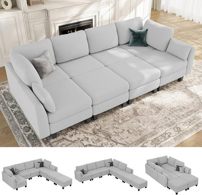 Sectional Sleeper Sofa, 8 Seaters Modular Sleeper Sofa Couch, Comfy Sectionals Couches Bed, Convertible Sofas with Ottomans, Modular Sectional Couches for Living Room, Light Grey