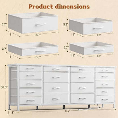 EnHomee 63" W White TV Stand for Living Room, 18 Drawers, LED & Charging | Long Dresser for 65"-75" TV, Deep Drawer, Spacious Storage, Drawers Glide, No Wobbling, Anti-tip, Easy Assembly, Wipes Clean