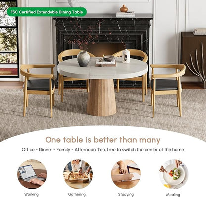 homary Extendable Dining Table for 6 Round to Oval 39"-55", Solid Wood Kitchen Table for 4-6 People, Space-Saving Design for Small Spaces & Family Gatherings