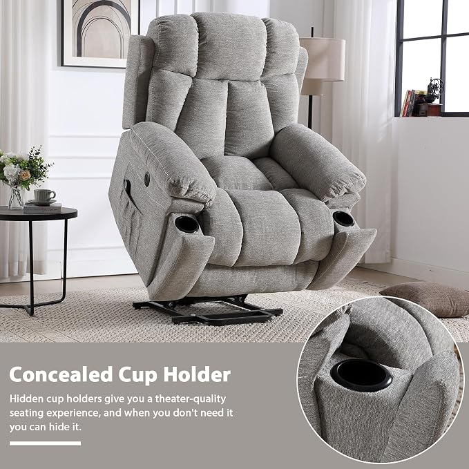 CANMOV Large Power Lift Recliner Chairs with Massage and Heat for Elderly Big People, Heavy Duty Motion Reclining Mechanism-Anti Skid Fabric Recliner Chair with 2 Concealed Cup Holders, Smoke Gray