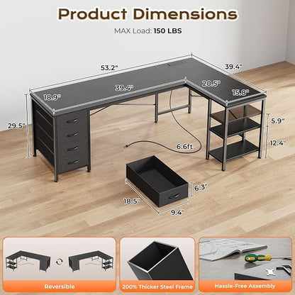 Huuger 55 Inch L Shaped Desk with Fabric Drawers, Reversible Computer Gaming Desk with Power Outlets and USB-C Port, Adjustable Side Storage Shelves, for Work Study Corner Home Office, Black
