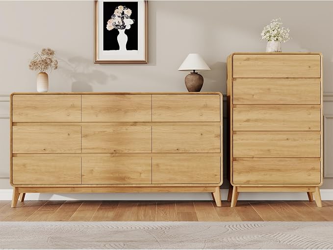 2-Piece Farmhouse Bedroom Dresser Set, Tall 5-Drawer Chest & 9-Drawer Dresser, Handle-Less Design, Rounded Corners, Anti-Tip Safety Furniture, Wooden Bedroom Storage Cabinet, Natural