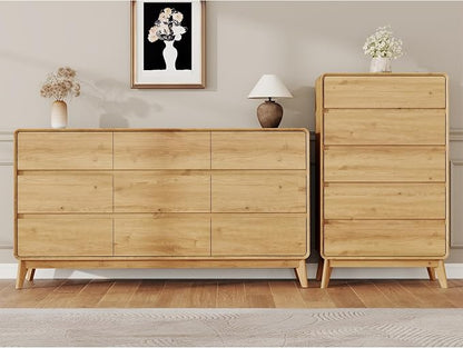 2-Piece Farmhouse Bedroom Dresser Set, Tall 5-Drawer Chest & 9-Drawer Dresser, Handle-Less Design, Rounded Corners, Anti-Tip Safety Furniture, Wooden Bedroom Storage Cabinet, Natural