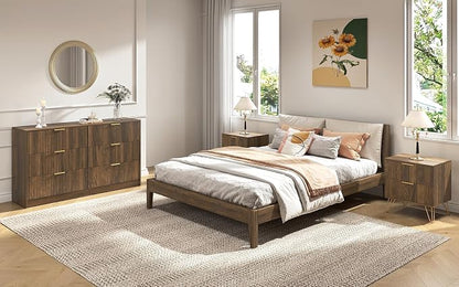 Walnut Dresser and Nightstand Sets, 6 Drawer Dresser Set for Bedroom 3 Piece, 55” Wide Fluted Wood Dressers W/Metal Handle & Night Stand Set of 2, Modern Bedroom Furniture Sets, Walnut