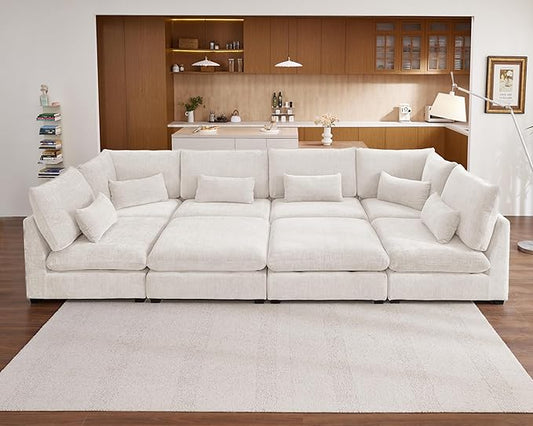 154" Oversized Chenille Couch Modular Sectional Sofa, Washable Cloud Couch Sectional with 4 Ottoman, 8 Seater Sectional Couches for Living Room, Fully Cover Removable, Sleeper Sofa, Chenille, White