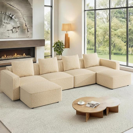 Welzona 132" Locked-in Modular Couch, Minimalist Modular Sectional Sofa, Tool-Free Setup U Shaped Couch & Ottoman, Wood Frame Sofas for Living Room, 22" Deep Seat Chenille Cloud Couch Sectional,Camel