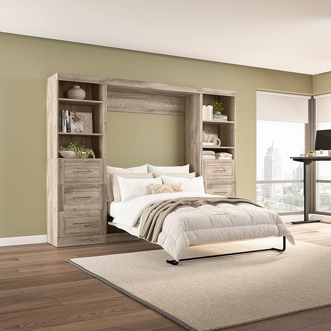 Bestar Pur Full Murphy Bed and 2 Shelving Units with Drawers, 109-inch Space-Saving Wall Bed