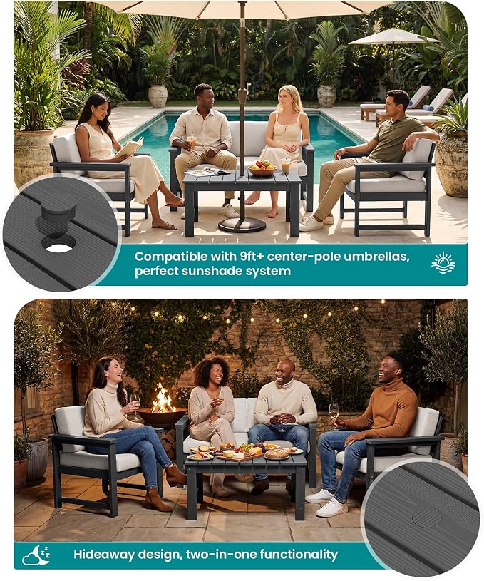 SERWALL 2 Pieces Single Cushioned Sofa Chair, Grey HDPE Outdoor Adirondack Lounge Armchair with Khaki Cushion