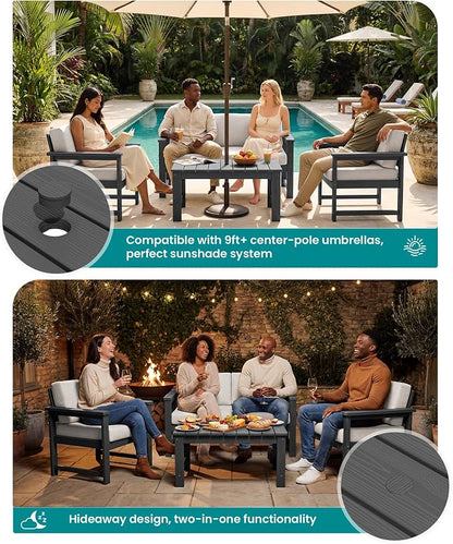 SERWALL 2 Pieces Single Cushioned Sofa Chair, Grey HDPE Outdoor Adirondack Lounge Armchair with Khaki Cushion