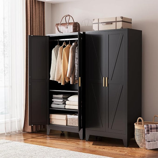 COFaR Black Metal Wardrobe Closet 2-in-1 Design, 71" Freestanding Armoire with Adjustable Hanging Rod & Shelves, Convertible Storage/Hanging Cabinet for Bedroom