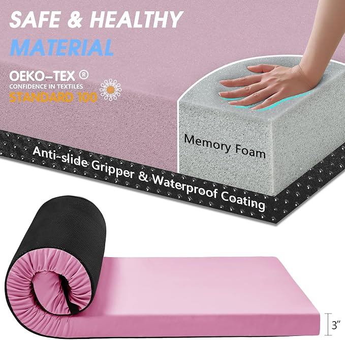CYMULA 3 Inch Memory Foam Camping Pad, Camping Essentials Roll Up Floor Mat for Car Camping, Cot, Tent, Truck, Travel and Guest Use, Non-Slip Waterproof Bottom, Removable Cover