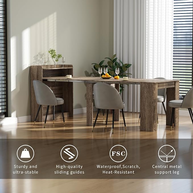 Expandable Foldable Dining Table with Storage, 30”-88.4”L Space-Saving Wood Table for 1–10 People, Modern Rectangular Kitchen Dining Room Furniture, Grey