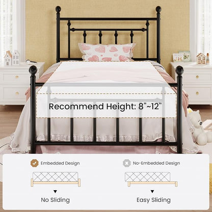 SHA CERLIN 14" Twin Size Metal Platform Bed Frame/Victorian Headboard and Footboard/Steel Slats Mattress Foundation for Storage/No Box Spring Needed/Noise Free/Black
