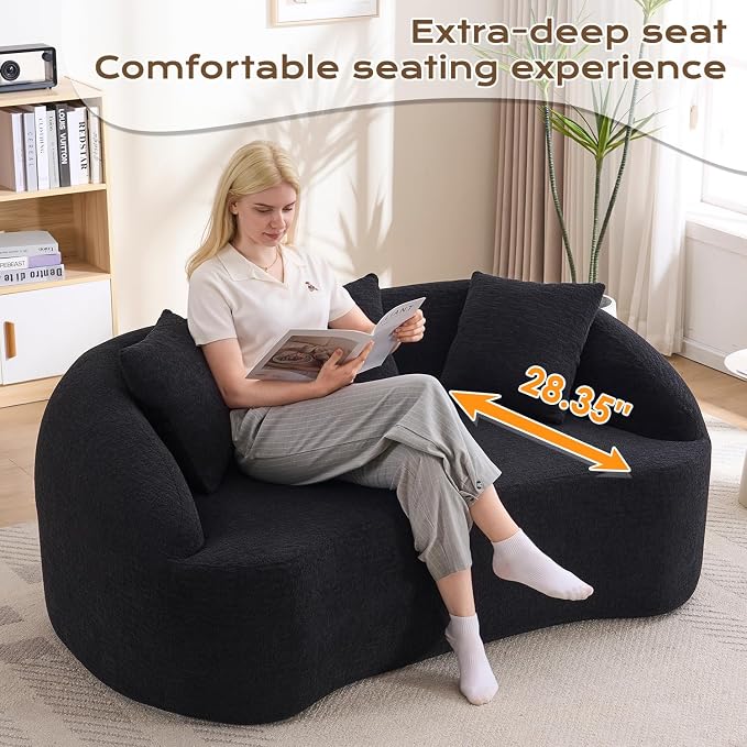 66" Curved Loveseat Sofa for Small Space, Boneless Chenille Boucle Cloud Couch, Luxury Extra High Back & Deep Seat, Oversized Comfort with No Assembly Required for Office, Dorm (Black)