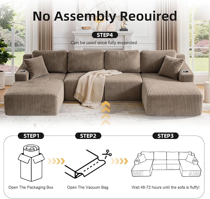 130" U-Shaped Modular Sectional Sofa with Chaise, Boneless Corduroy Flexible Module Seating for Living Room, Cloud Couch with Cup Holders and Side Pockets, No Assembly (Taupe)