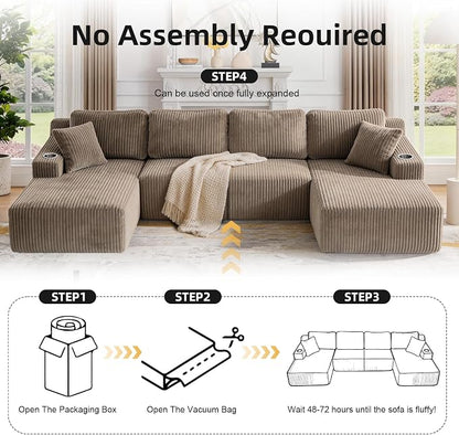 130" U-Shaped Modular Sectional Sofa with Chaise, Boneless Corduroy Flexible Module Seating for Living Room, Cloud Couch with Cup Holders and Side Pockets, No Assembly (Taupe)