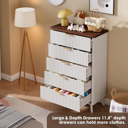 GarveeHome Fluted Dresser for Bedroom with 5 Deep Drawers, 47.2" Tall Chest of Drawers, Curved Profile Design, Modern Wooden Dresser, for Living Room, Kids Room, Hallway, White