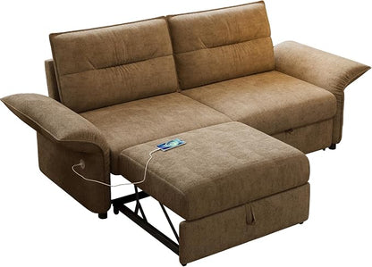 85" Pull Out Sofa Bed Full Size, Pre-Assembled Flannel Sleeper Sofa, Convertible Loveseat Futon Couch, Adjustable Armrest with USB, Pillows, for Apartment, Living Room, Small Spaces, Brown
