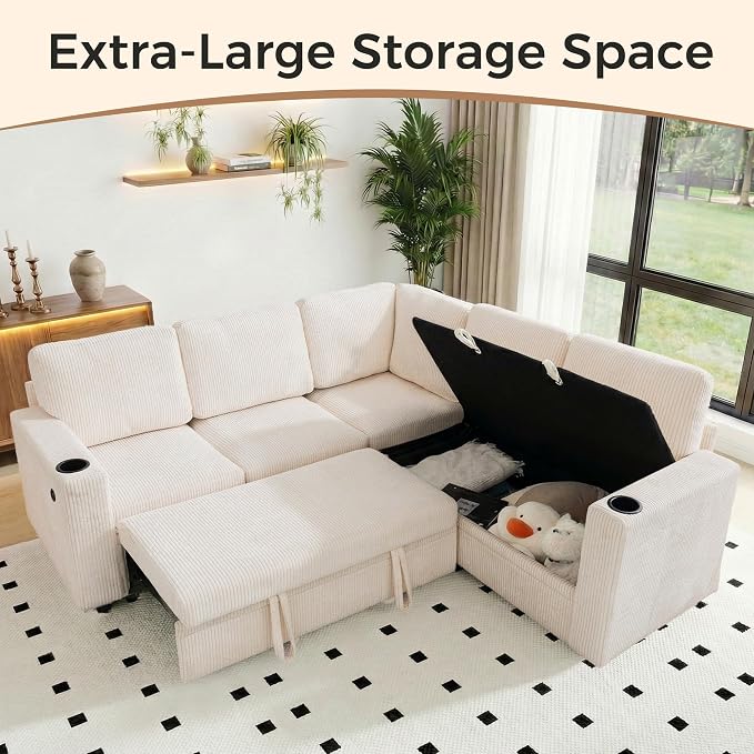 Sectional Sleeper Sofa with Pull Out Bed, Plush Corduroy L Shaped Corner Couch with Storage, USB Ports, Cup Holders, Comfy Sectional Couches for Living Room, White