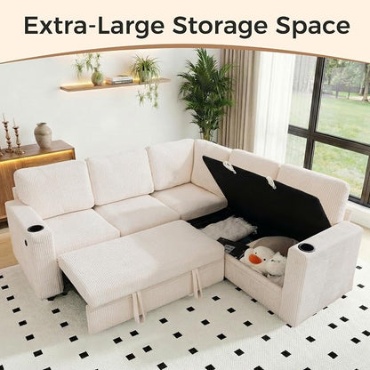 Sectional Sleeper Sofa with Pull Out Bed, Plush Corduroy L Shaped Corner Couch with Storage, USB Ports, Cup Holders, Comfy Sectional Couches for Living Room, White