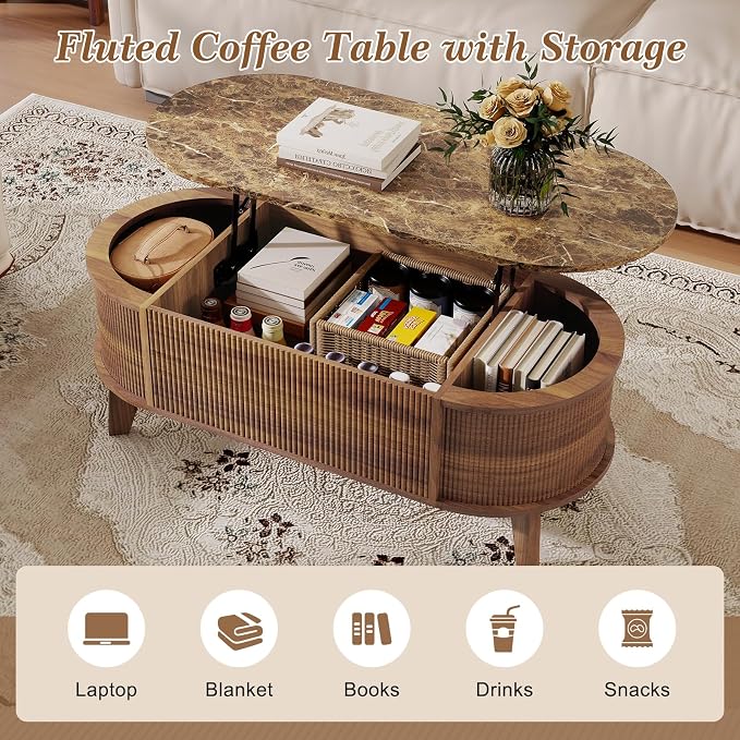 LYNCOHOME 43.3" Fluted Lift Top Coffee Table with Storage, Faux Marble Top Center Table, Modern Oval Coffee Table for Living Room or Home Office（Elegant Walnut）