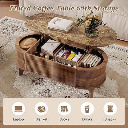 LYNCOHOME 43.3" Fluted Lift Top Coffee Table with Storage, Faux Marble Top Center Table, Modern Oval Coffee Table for Living Room or Home Office（Elegant Walnut）