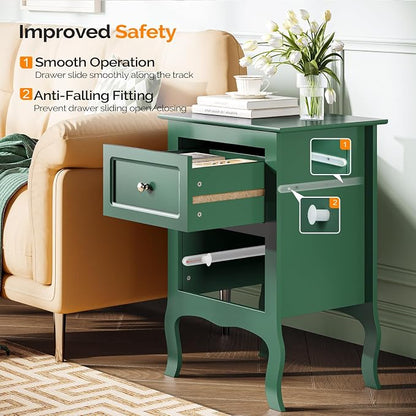 Bonnlo Green Nightstand with Drawers for Bedroom, Green Night Stand Bedside Table for Small Spaces, Kids Room, Living Room, Dorm, French, 15.75" W x 11.8" D x 23.6" H