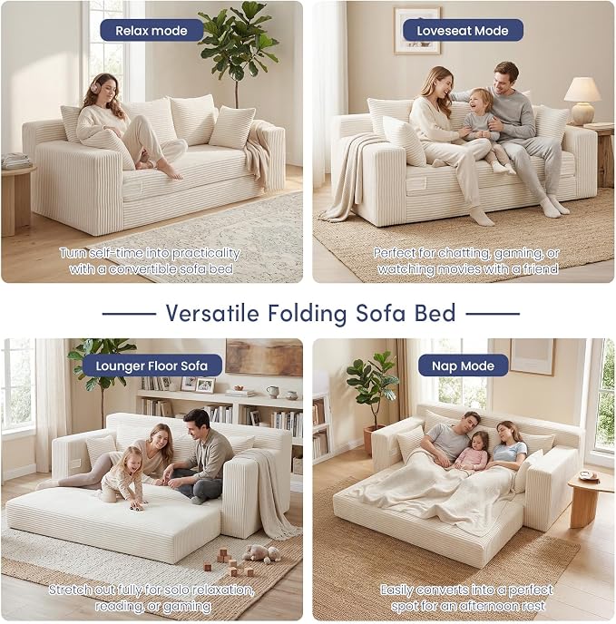 3 Seater Boneless Couch for Living Room, Convertible Futon Sofa Bed Comfy Pull Out Couch with 5 Pillows & Detachable Washable Cover, Upholstered Floor Sofa in A Box, No Assembly Required, Beige