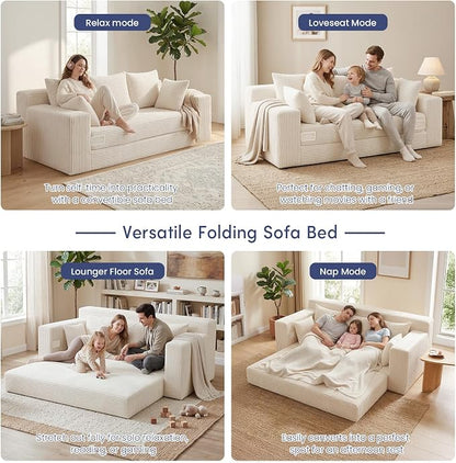 3 Seater Boneless Couch for Living Room, Convertible Futon Sofa Bed Comfy Pull Out Couch with 5 Pillows & Detachable Washable Cover, Upholstered Floor Sofa in A Box, No Assembly Required, Beige