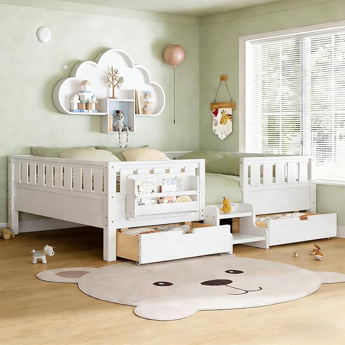 Queen Platform Bed with Storage Drawers and Bookshelves, Kids Platform Bed Frame with Low-profile Stairs and Full-length Guardrails, Queen Bed Frame for Boys, Girls, No Box Spring Needed, White