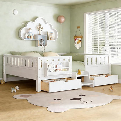 Queen Platform Bed with Storage Drawers and Bookshelves, Kids Platform Bed Frame with Low-profile Stairs and Full-length Guardrails, Queen Bed Frame for Boys, Girls, No Box Spring Needed, White
