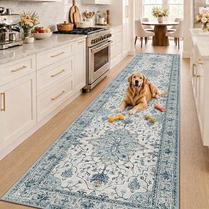 RELEANY Area Rugs Runner 3'x12' Washable Non-Slip, Floral Vintage Distress Medallion Carpet for Kitchen Hallway Bedroom Beside Laundry Room Bathroom, Light Blue Navy Gray White