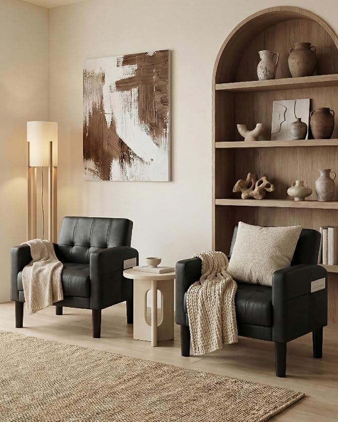 TYBOATLE Accent Chair Set of 2 Living Room Chairs Cozy Tufted Mid Century Modern Black Accent Chairs with Arms for Bedroom Comfy Reading Arm Chair Small Chairs for Small Spaces Office(2, Black)