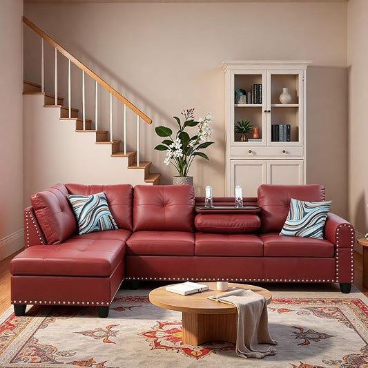 L-Shaped Sectional Sofa, Modern 4-Seat Couch with Built-in Cup Holders, Leather Sectional Couch with Left Facing Chaise for Living Room, Apartment, Office, Red