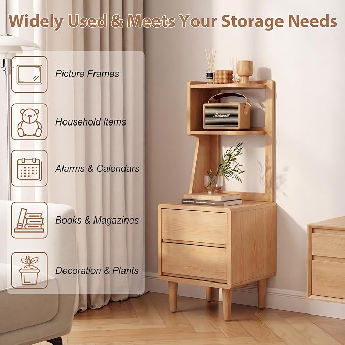 Solid Wood Bookshelf with Drawers,Narrow bookcase with Storage Shelves,Tall Nightstand with Drawers,Mid Century Modern Nightstand,Open Shelf Bookcase,Small Book Shelf for Bedroom,Living Room,Offices