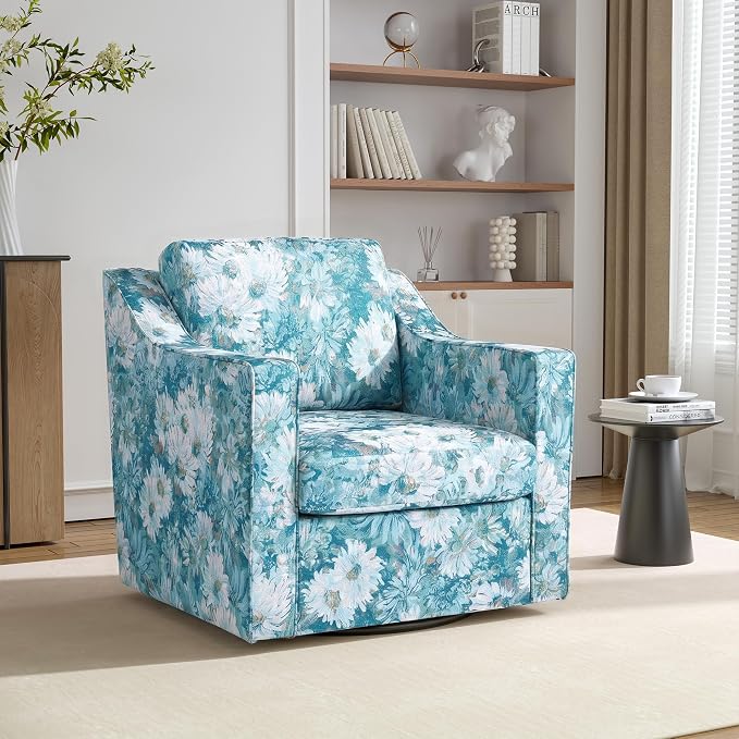 Swivel Accent Chair, 360° Swivel Upholstered Club Armchairs for Living Room, Comfy Fabric Single Sofa Reading Chair with Deep Seat, Metal Swivel Base, Cyan Blooms