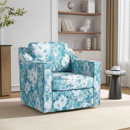 Swivel Accent Chair, 360° Swivel Upholstered Club Armchairs for Living Room, Comfy Fabric Single Sofa Reading Chair with Deep Seat, Metal Swivel Base, Cyan Blooms