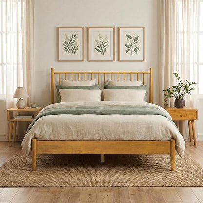 NTC Inno Wooden Bed Frame with Headboard, Solid Oak and Rubber Wood Foundation with Silent Slats and Wood Central Supports, 1000 Lb Capacity, Effortless Assembly, King - Rustic Oak