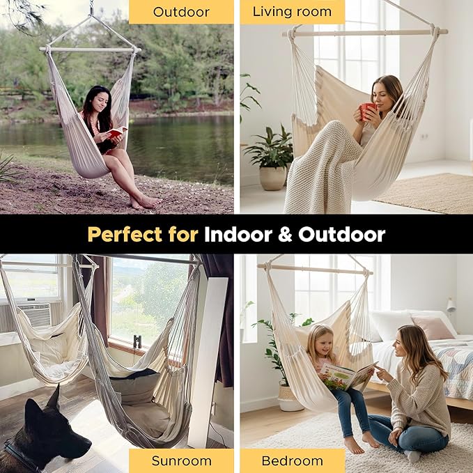 ADVOKAIR Hammock Chair Swing, Heavy-Duty Hanging Rope Swing Seat Supports 500 Lbs, Ideal for Outdoor Patio, Backyard, Porch, Deck & Indoor Bedroom Use
