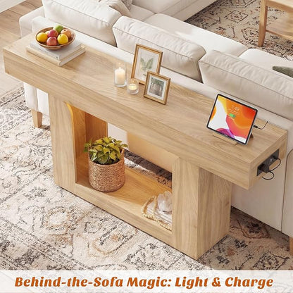 Homieasy Console Table, 63" Entryway Table with LED Lights & Charging Station, Farmhouse Wooden Sofa Table Behind Couch, Narrow Hallway Table for Living Room, Foyer, Entry, Natural Oak