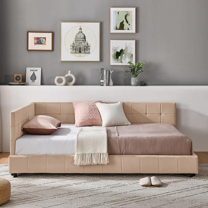 KEIKI Full Size L Shape Corner Bed Frames with Backrest and Armrests, Velvet Upholstered Sofa Daybed for Small Room, Living Room, Bedroom, Guest Room, Kids' Room