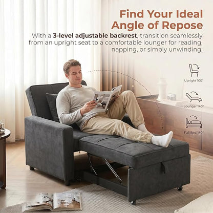3-in-1 Convertible Sleeper Chair, Pull Out Single Sofa Bed with 3 Adjustable Backrest Angle & Pillow, Foldable Compact Reclining Sofa Bed for Small LivingRoom, Apartment, Home Office, Gray