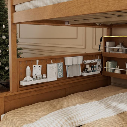 Merax Full Over Queen Bunk Bed,Wood bunk Bed with LED,Bed with Integrated Shelving, Color-Changing Lights and Pegboard, Full XL Over Queen, Brown