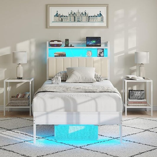 Twin Size Bed Frame with Upholstered Headboard and 2-Tier Storage Shelves | Metal / Charging Station / LED Lights / Under Bed Storage / Non-slip/ Noise Free / No Box Spring Needed / White