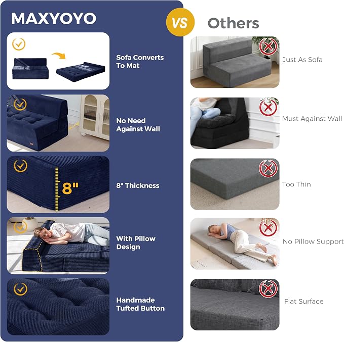 MAXYOYO 8" Folding Sofa Bed, Fold Out Chair Bed, Convertible Floor Sofa Couch, High-Density Foam Tufted Lounge Couch for Living Room Bedroom Dorm, Single, Navy